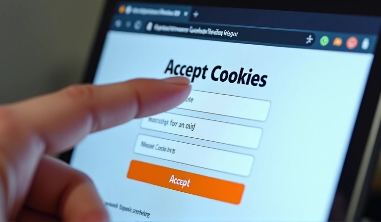 Ręka klikająca w przycisk akceptacji plików cookie na ekranie komputera